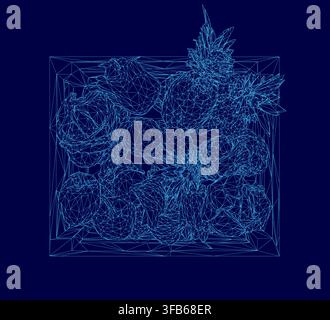 Vibrant geometric pattern of fruits and vegetables arranged in a square wireframe basket against a blue background. The design features various colorf Stock Vector