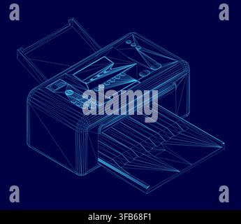 A detailed 3D wireframe model of a desktop printer, presented as a technical blueprint on a solid blue background. Stock Vector