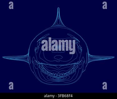 Great white shark contour drawing in blue features a menacing expression with bared teeth and wide eyes. Its fins are spread and tail curls around the Stock Vector