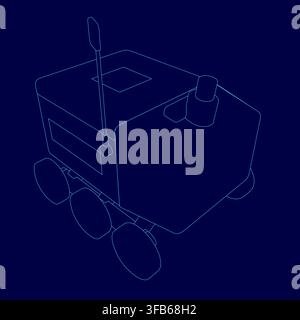 A sleek black and white delivery robot blueprint on a deep blue background, featuring detailed headlights, a grille, and wheel contours. Stock Vector