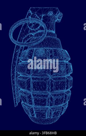A blue hand grenade wireframe model sits isolated on a dark blue background for a stark, high-contrast visual. Stock Vector