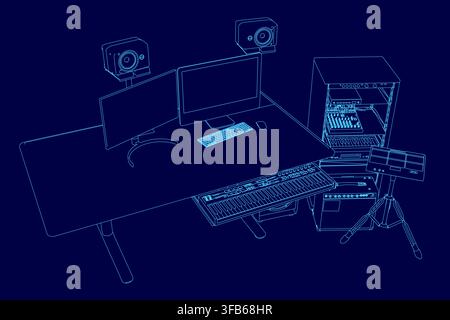 A modern home music studio setup features a computer desk with dual monitors, a synthesizer, keyboard, and speakers against a clean blue background. Stock Vector