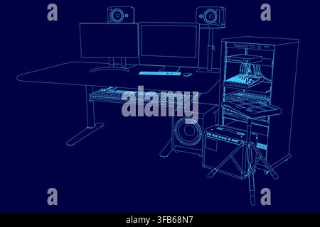 A modern home music studio desk with dual monitors, a synthesizer, and professional speakers against a deep blue background. Stock Vector