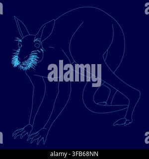 A realistic male kangaroo in blue contour stands against a dark blue background. Detailed linework and shading create a striking, lifelike contrast. Stock Vector