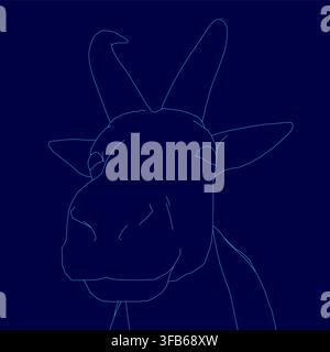 Mountain goat head contour drawing in minimalist line art stands alone on a dark blue background, featuring clean single-stroke outlines and a stark g Stock Vector