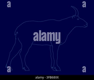 A mountain goat contour drawing stands alone on a dark blue background. This minimalist line art features clean, single-stroke outlines and a stark, g Stock Vector