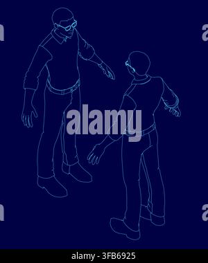Two stylized African men in conversation, wearing glasses and striking a casual pose against a dark blue background. Isometric view Stock Vector