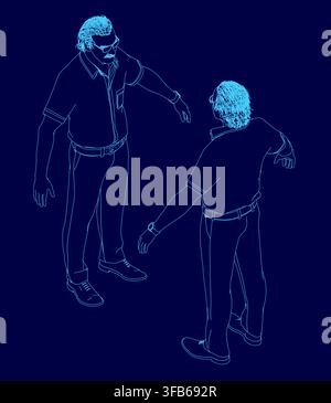 Two elderly men in shirts and trousers converse while wearing glasses, depicted in a simple blue line drawing against a dark blue background. Isometri Stock Vector