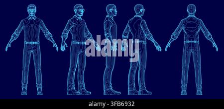 Stylized blueprint of a determined African male in a suit and tie, wearing glasses with slicked-back hair. He stands with arms outstretched in a power Stock Vector