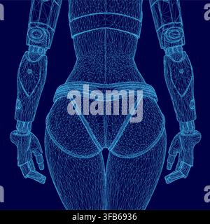 A robotic girl blueprint reveals a detailed wireframe structure with glowing nodes and intricate mechanical components. Back view Stock Vector