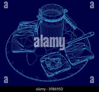 A jar of strawberry jam with a spoon sits on a plate, featuring a simple contour illustration of toast. The composition uses a clean blue background f Stock Vector