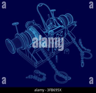 A detailed wireframe model of a ship's windlass winch with a chain, rendered in 3D on a solid blue background for technical or industrial visualizatio Stock Vector