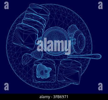 A wireframe vector illustration overlays a plate of toast with strawberry jam and fresh fruit. The artistic design sits on a clean blue background for Stock Vector