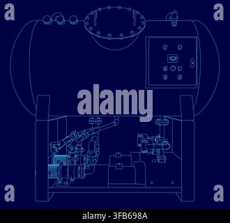A blue compressor machine with a cylindrical tank, top handle, and bottom nozzle. Connected pipes, valves, and a control panel with knobs form a vacuu Stock Vector