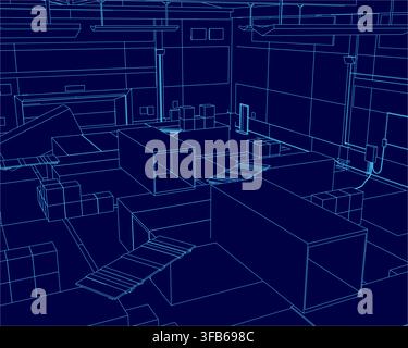 A warehouse blueprint with furniture and container contours outlines storage logistics and interior space planning. Stock Vector