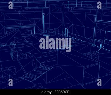 A wireframe blueprint of a warehouse interior, filled with detailed furniture, stacked containers, and various storage boxes. Stock Vector