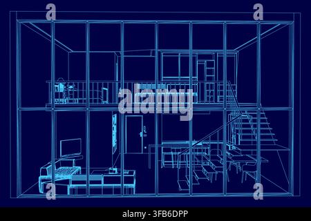 Architectural blueprint of a loft interior, featuring a prominent staircase and detailed living room contour. The technical drawing reveals clean line Stock Vector