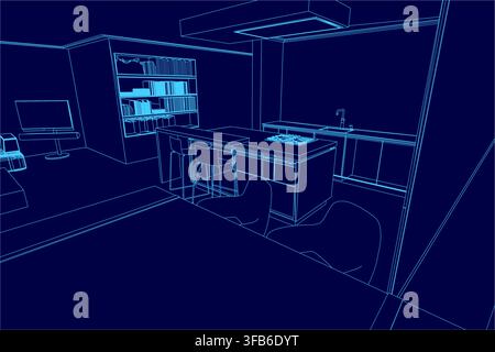 A minimalist loft interior blueprint in contour line style, featuring a kitchen table with chairs, a cupboard full of books, and a sink with tap. Stock Vector