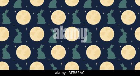Mid Autumn Festival Banner Pattern Seamless background with full moon night sky stars Minimal art. Isolated Vector illustration Packaging design, wrapping or wallpaper, print, textile repeat texture Stock Vector