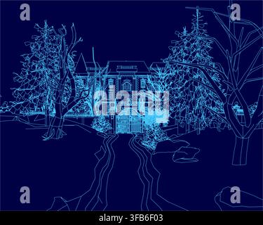 A grand mansion with a winding trail is depicted in a minimalist blue contour drawing against a dark background. Stock Vector