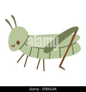 Cute green grasshopper character vector illustration with long legs. Cute garden insect isolated on white background for nursery and print Stock Vector