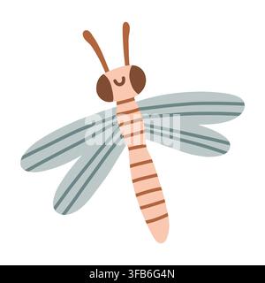 Cute pink dragonfly character vector illustration with grey wings. Cute garden insect isolated on white background for kids and stickers Stock Vector