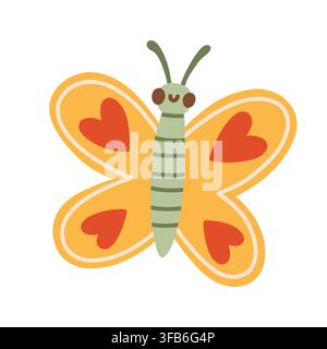 Cute yellow butterfly character vector illustration with heart pattern wings. Cute garden insect isolated on white background for nursery Stock Vector