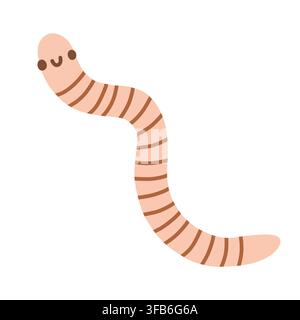Cute pink earthworm character vector illustration with striped pattern and happy smile. Garden soil worm isolated on white background Stock Vector