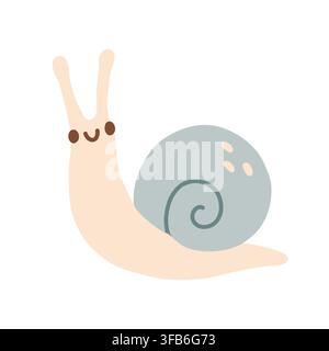 Cute smiling snail character vector illustration with blue round shell. Cute garden insect isolated on white background for nursery and stickers Stock Vector