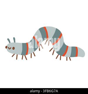 Cute grey caterpillar character vector illustration with orange stripes. Cute garden insect isolated on white background for kids art Stock Vector