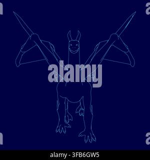 A majestic dragon with spread wings and a raised head is drawn in detailed contour against a solid blue background. Stock Vector