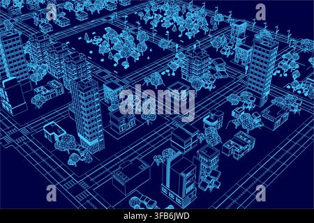 Low poly city blueprint with a grid of white buildings and scattered trees on a stark blue background. The clean contour lines create a modern archite Stock Vector