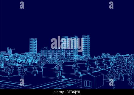 Low poly blueprint of a city at night, featuring geometric building and tree contours in glowing blue against a dark background. Stock Vector