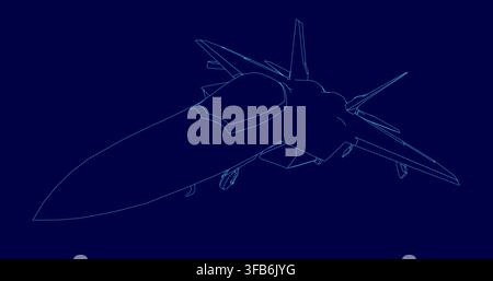A sleek fighter jet contour in blue line art soars against a dark blue background, symbolizing modern air combat. Stock Vector