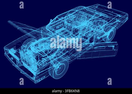 A vintage sports car wireframe model rotates on a blue background, revealing detailed engineering blueprints and transparent 3D mesh layers. Stock Vector