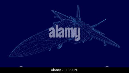 A low poly fighter jet combat aircraft model in wireframe style, composed of geometric shapes and lines on a solid blue background. Stock Vector