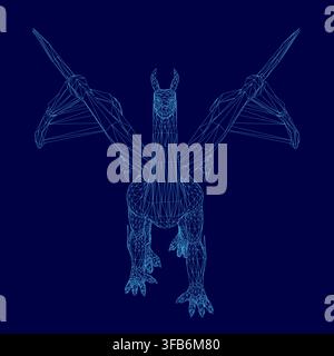 A majestic blue dragon wireframe spreads its wings against a deep blue background. Its intricate scales and bright eyes convey power and mythical wond Stock Vector