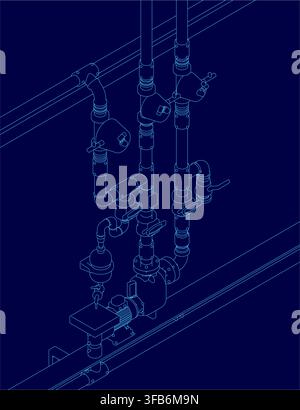 Blue pipe and valve contour drawing on an electric pump or engine schematic. The plumbing system diagram features connected pipes with valves position Stock Vector