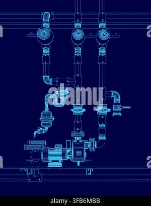 A detailed blueprint of a water treatment system with pipes, valves, and an electric pump engine contour on a blue background. Stock Vector