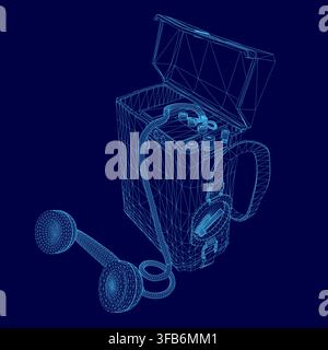 A retro telephone wireframe treasure chest with a microphone sits on a blue field background. The 3D model features clean lines and a conceptual desig Stock Vector