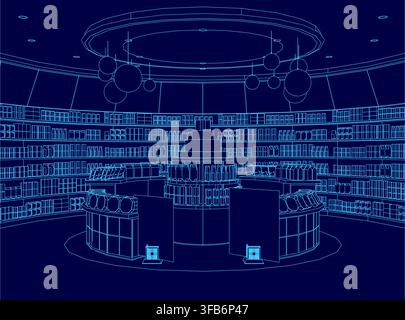 A blueprint-style illustration of a well-stocked library interior, featuring filled bookshelves, a central chandelier, and detailed store counters. Th Stock Vector