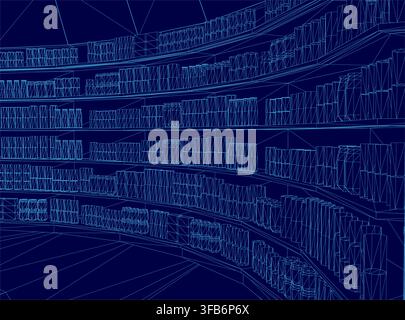 A detailed 3D wireframe model of a modern library or retail store, featuring counters and goods, is displayed on a solid blue background. Stock Vector