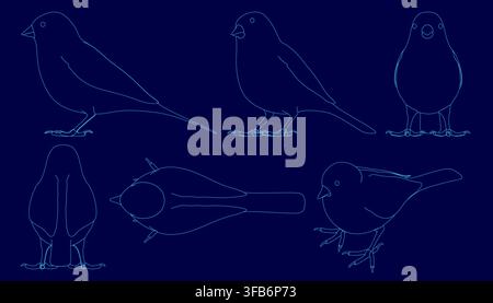 Set of six sparrow contour line art birds arranged symmetrically on a stark blue background. Each unique design features distinct shapes and sizes for Stock Vector