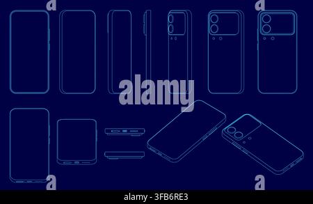 Phone blueprint set with sleek contours and glossy finishes. The modern phones feature curved edges against a sophisticated deep blue background. Stock Vector