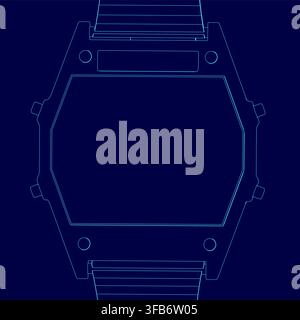 A sleek digital watch blueprint on a blue background features a black face and silver band. Its vintage-inspired contour highlights the detailed displ Stock Vector