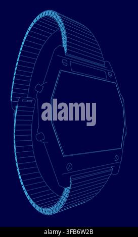 A sleek smart watch blueprint with a digital display and stainless steel band contours against a stark blue background. Stock Vector