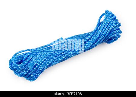 Blue rope on a white background. A coil of clothesline on a white background. Stock Photo
