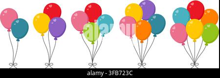 Colorful birthday balloons set. Festive balloon bouquets with hearts in pink, red, yellow, purple, blue, green and orange. Vector design for party Stock Vector