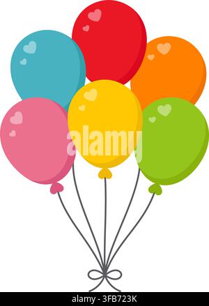 6 balloons. Colorful birthday balloon bouquet. Six festive balloons with heart highlights and tied strings in red, pink, blue, yellow, green and Stock Vector