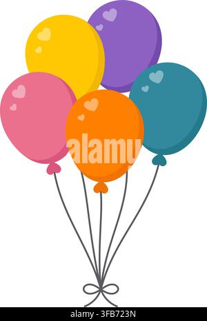 Colorful birthday balloon bouquet. Five festive balloons with heart highlights and tied strings in pink, yellow, purple, blue and orange. Vector Stock Vector